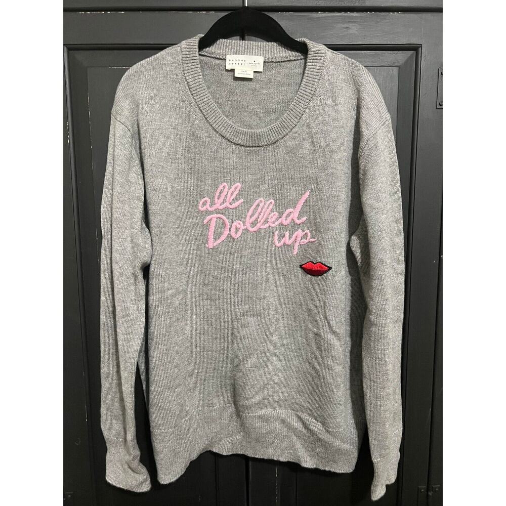 kate spade Gray Crewneck Sweater with Pink Script and Red Lips